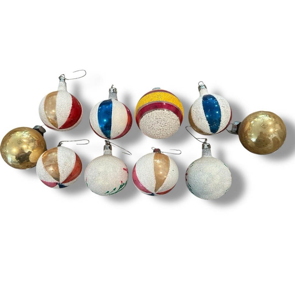 Vintage Shiny Brite Indent Glass Ornaments Set 10 Mixed Colors Glitter - Picture 2 of 5